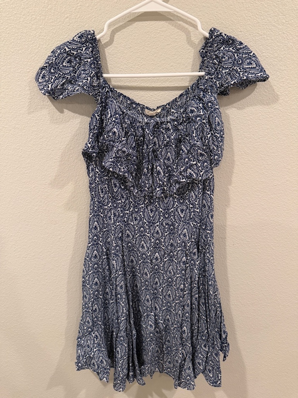 Navy Paisley Off-Shoulder Mini Dress